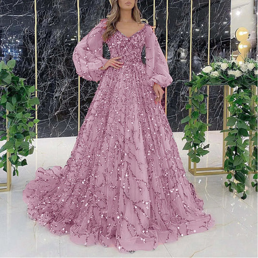 Women's Elegant Cocktail Party Dress Sequins Mesh Evening Dress Long Lantern Sleeve V-Neck Floor Length Luxury Dresses 2024 - Seprincess