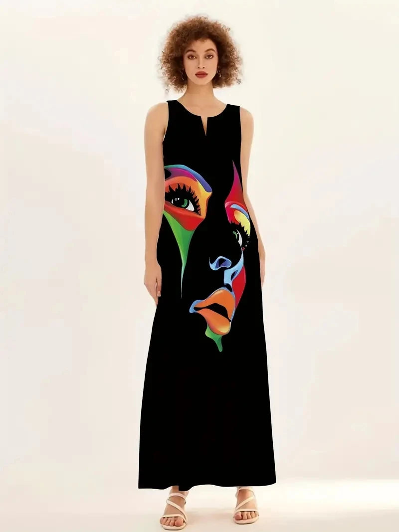 2024 New Summer Women's Sleeveless V-neck Printed Sexy Long Dress for Cross Border Trade in Europe and America - Seprincess