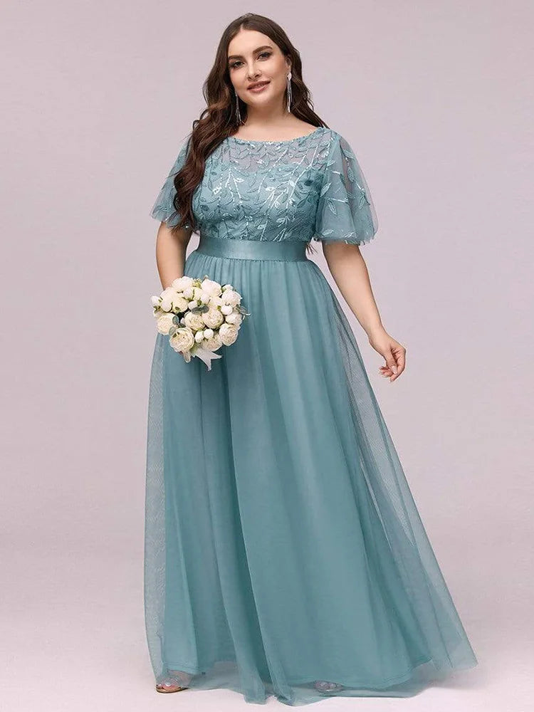 2023 NEW Plus Size Dress  Robe De Soiree Sparkle Evening Dresses Long A-Line O-Neck Short Sleeve LONG Formal Dresses - Seprincess