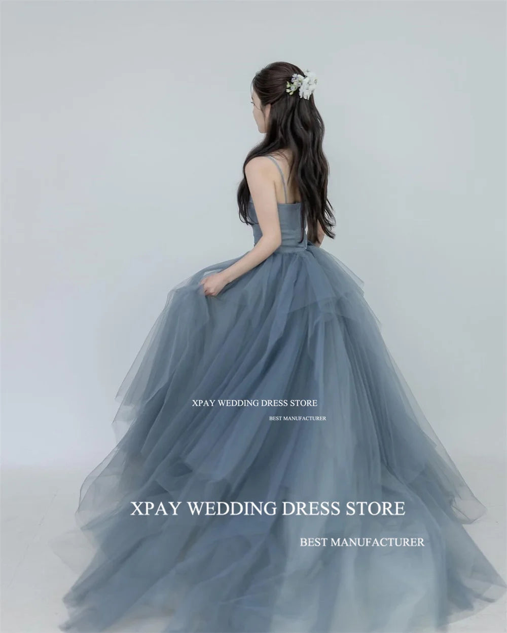 XPAY Elegant Dusty Blue Korea A Line Evening Dresses Photo Shoot Ruffles Tiered Fairy Tulle Evening Gown Corset Prom Party Dress - Seprincess