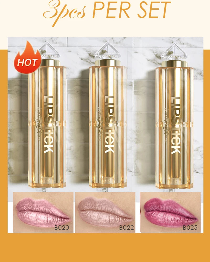 Silky Soft 3pcs/Set Matte Glitter Korean Lipstick Set Pearl Shimmer Waterproof Long Lasting Glitter Pink Orange Makeup Lipstick - Seprincess