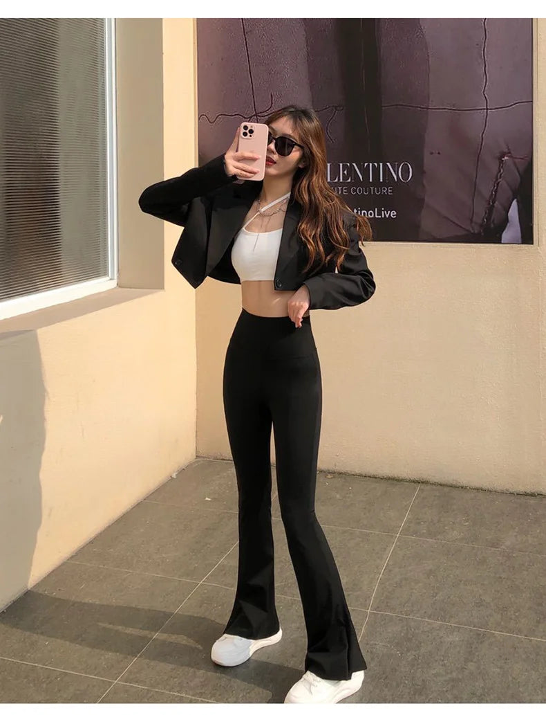 BIVIGAOS Women Shark Flared Pants Black Elastic Slim High Waist Sexy Horseshoe Pants Micro Casual Fashion Flared leggings