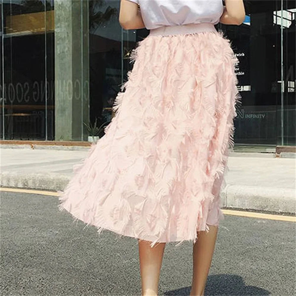 2024 Spring Fashion Elegant Party Black White Casual Midi Skirts Women Tassel Elastic High Waist Sweet A Line Skirt Female - Seprincess