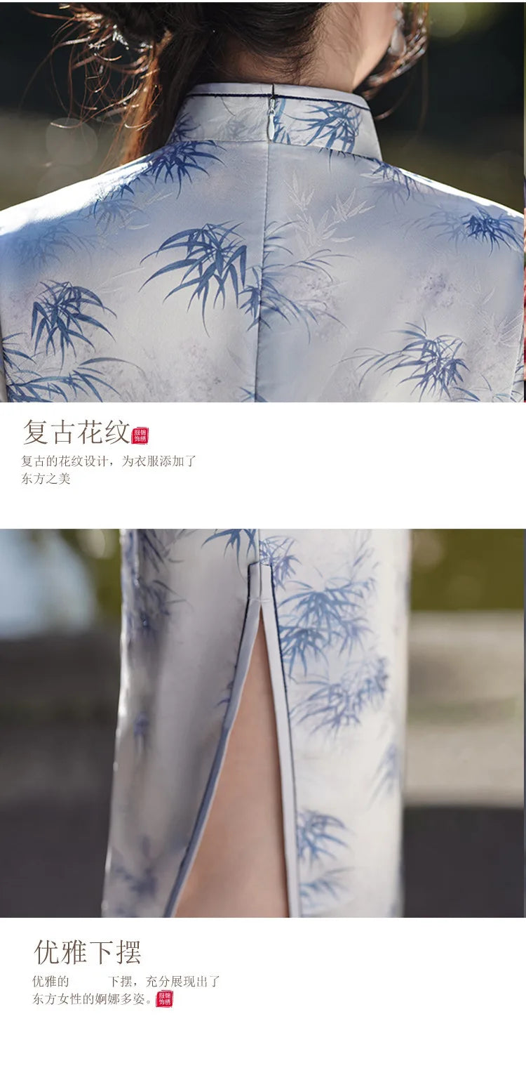 Summer Handmade Printed Satin Long Qipao Traditional Chinese Mandarin Collar Short Sleeve Cheongsam - Seprincess