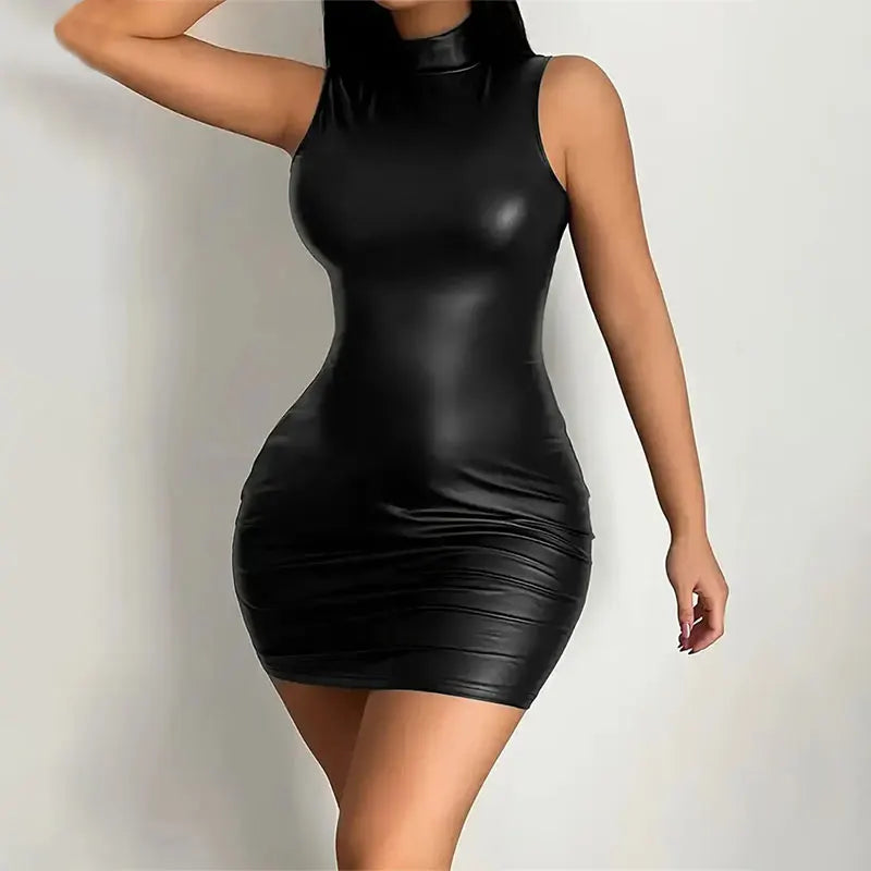 Women Summer Sexy Party Strapless Bodycon Pu Leather Slim Package Hip Black Club Party Mini Short Dress Sundress Female Clothing - Seprincess