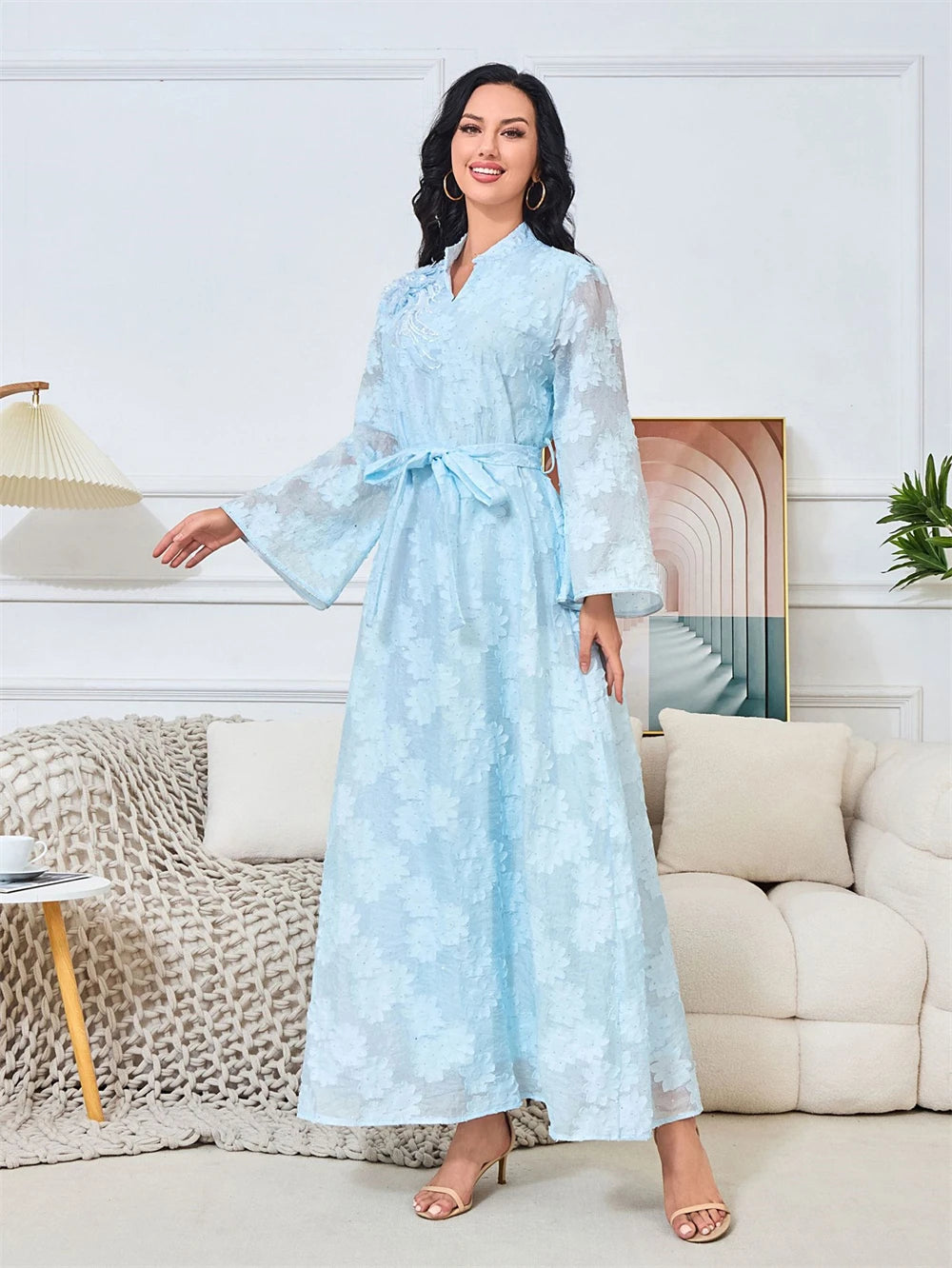 Exquisite Lace Formal Dress Muslim Style Kaftan Women's Dresses with Floral Appliques A Line Long Arabic Robe Cheap Dresses - Seprincess