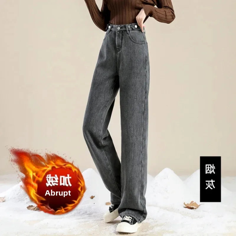 Thickened Fleece-Lined Warm Straight-Leg Jeans Design Adjustable High-Waisted Slimming Bell Bottoms Winter New Arrival