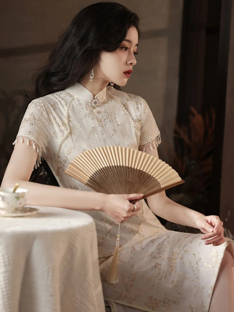 Women Summer Lace Gold Cheongsam Dress New French Style Wedding Evening Dress Vintage Female Tassels Sleeve Qipao S To 3XXL - Seprincess