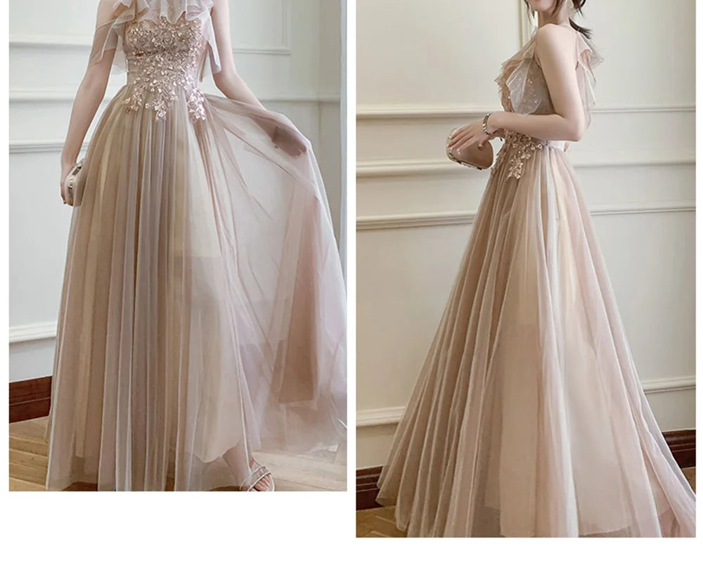 4 styles Champagne Pink Bridesmaid Dress Women's Elegant Off Shoulder Ruffles Sleeves Gown Sequins Flower Applique Vestido - Seprincess