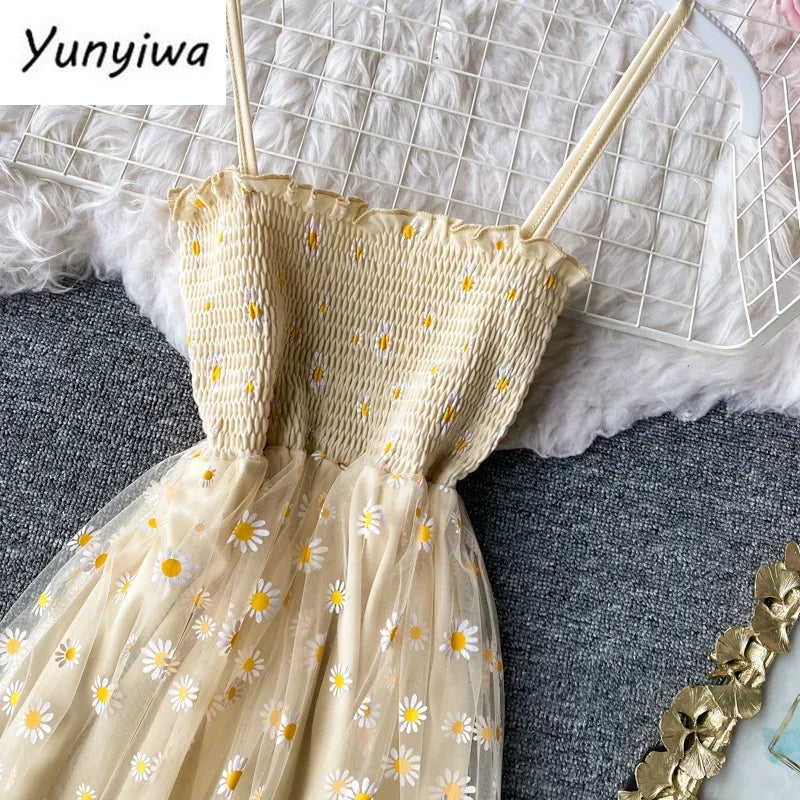 Women daisy Print Dresses Summer Sexy Lace Mesh Dress Spaghetti Strap Ruched Floral Vestidos Korean Style Long Dress - Seprincess