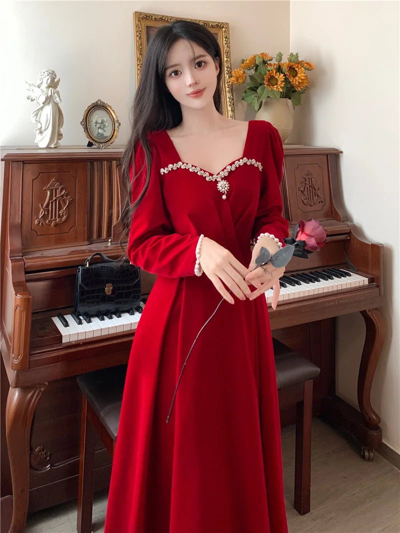 Burgundy Velvet Prom Dresses Square Collar Long Sleeve Pearl Crystal Long Engagement Dress Plus Size Female Formale Gowns - Seprincess