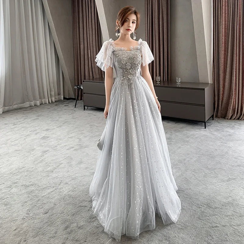 Grey Bridesmaid Dresses Elegant Women Applique Off The Shoulder Floor Length Tulle Wedding Party Dress Formal Prom Gowns - Seprincess