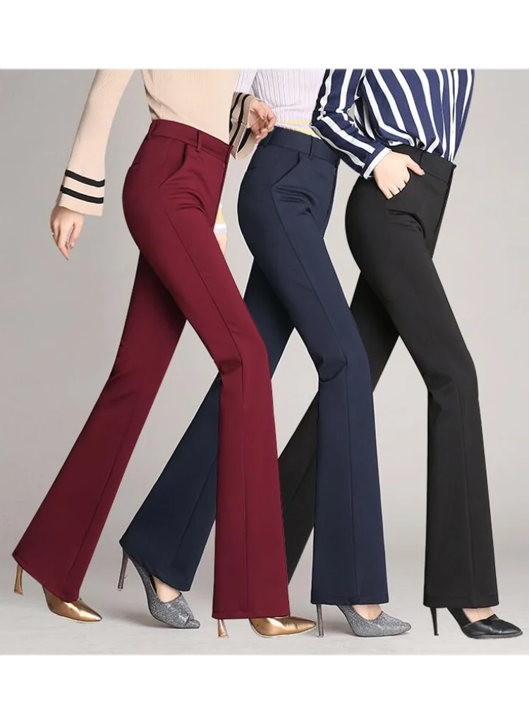 Solid Elegant Full Length Women's Pants Autumn Casual Wide Leg Flared Pants Vintage High Waist OL Ladies Career Long Trousers