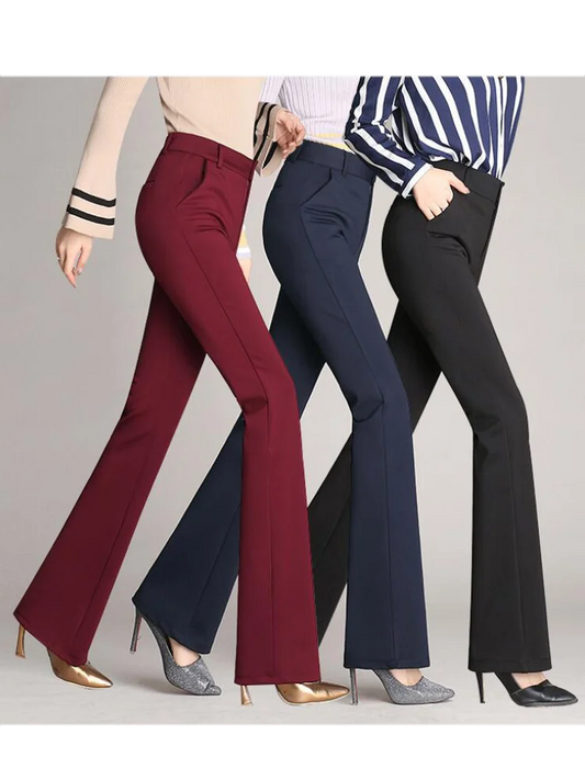 Solid Elegant Full Length Women's Pants Autumn Casual Wide Leg Flared Pants Vintage High Waist OL Ladies Career Long Trousers