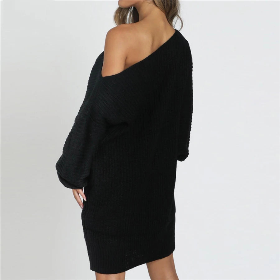 Knitted Sweater Dresses For Women Autumn Winter Loose Off Strapless Female Christmas Party Dresses - Seprincess