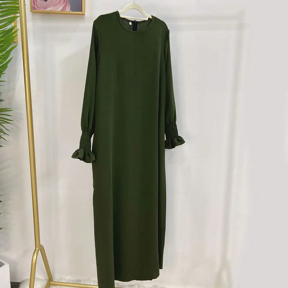 Under Abaya Inner Long Slip Dress Solid Color Smocked Cuffs Islamic Clothing Muslim Woman Casual Dubai Turk Modest Hijabi Robe - Seprincess