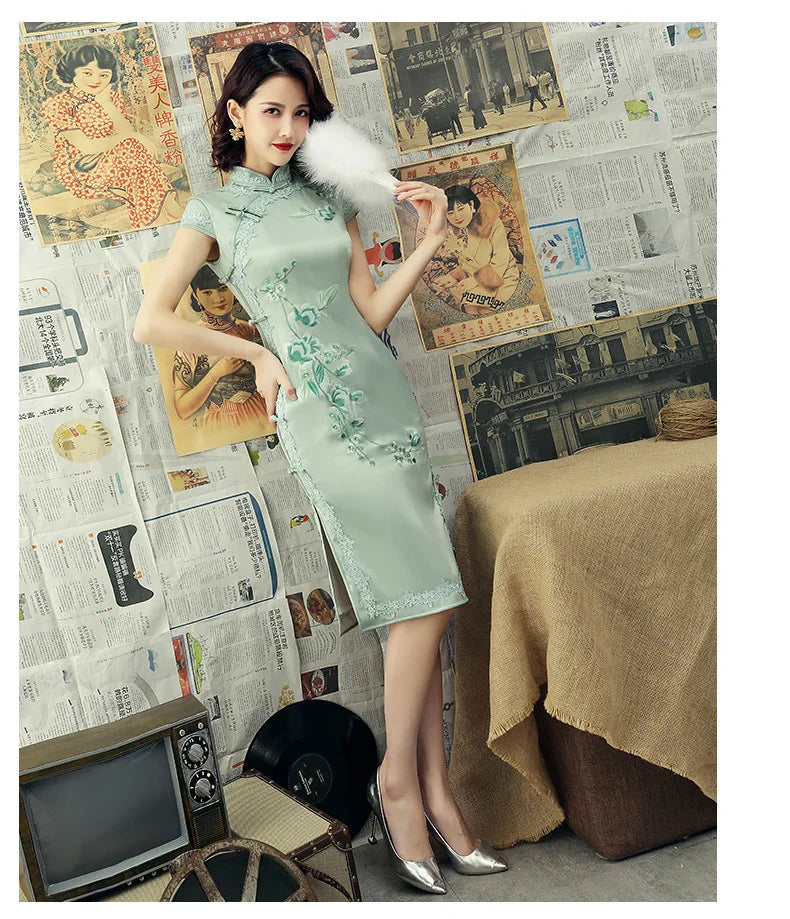 Silk Embroidered Long Cheongsam 2023 New Lace Edge Improved Qipao Chinese Style Evening Dresses Woman Ceremony Dress - Seprincess