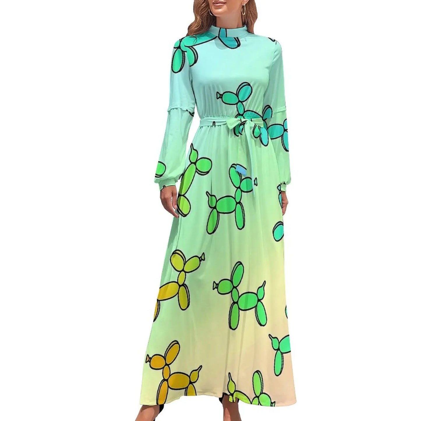 Balloon Dogs Dress Long Sleeve Animal Print Elegant Maxi Dress High Waist Casual Custom Bohemia Long Dresses Gift - Seprincess