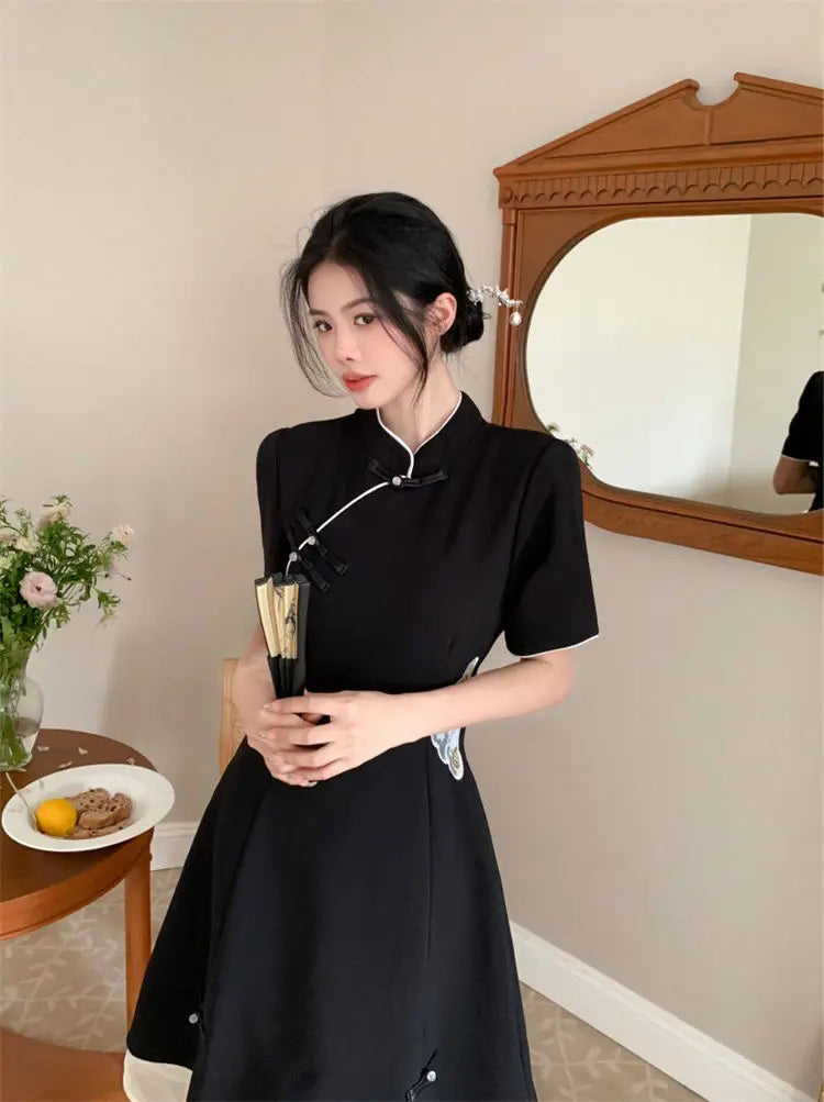 2023 Chinese Improved Hanfu Cheongsam Dress Women A Line Qipao New Fashion Style Short Sleeve Casual Daily Lady Cheongsam Dress