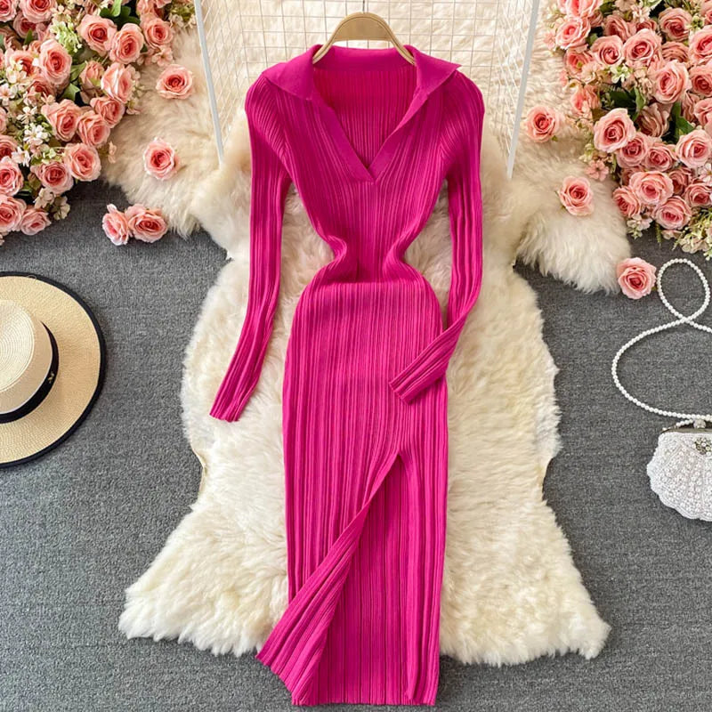 Women Korean Knitted Dress Long Sleeve V Neck Elastic Slim Pencil Dresses 2024 Autumn Sexy Bodycon Split Sweater Dress - Seprincess