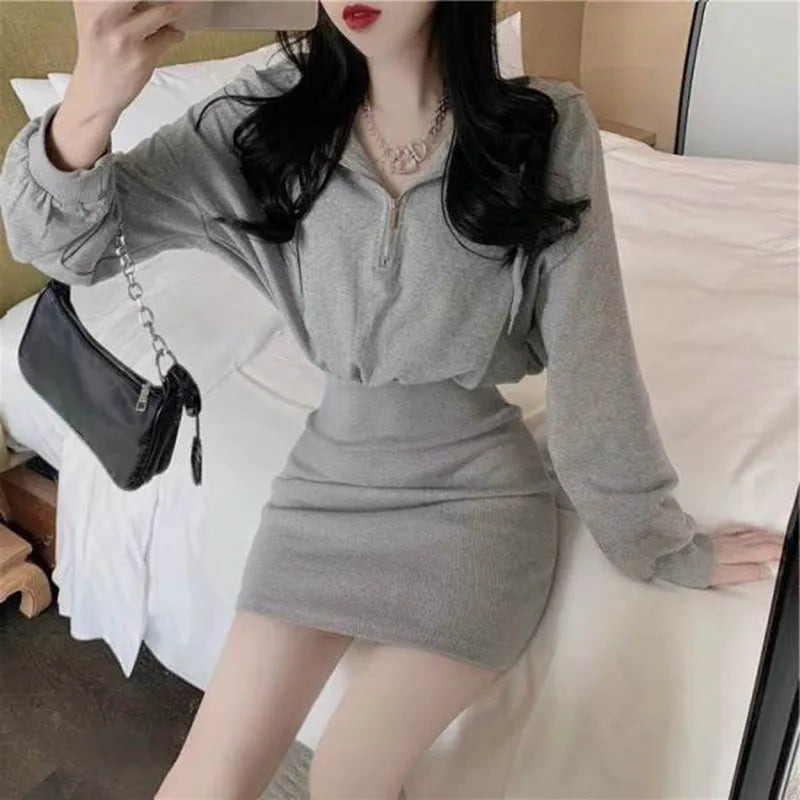 Sexy Slim Female Dress 2022 Summer New Solid Puff Long Sleeve Short Hooded Sweater Skirt High Waist Bag Hip Women Dresses - Seprincess