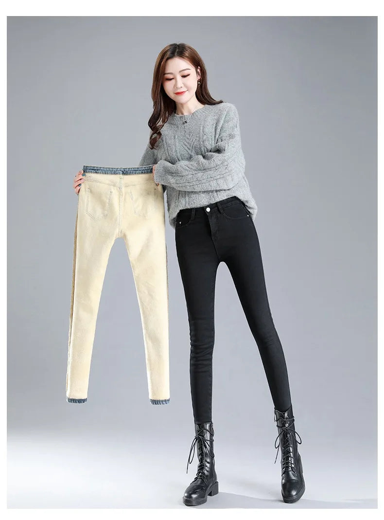 Thickened High-Waisted Fleece-Lined Jeans Women's Slimming Tightening Pants Winter New Elastic Pants Slimming Thickened