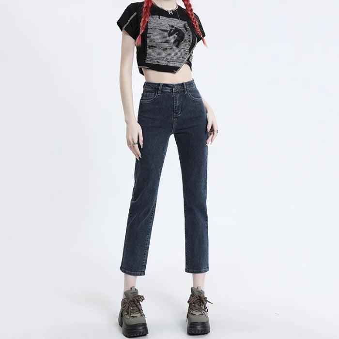 High Waisted Straight Slim Elastic Denim Jeans For Women Smoke Pipe 9,8 Pants Casual Brand Sexy Trousers Female