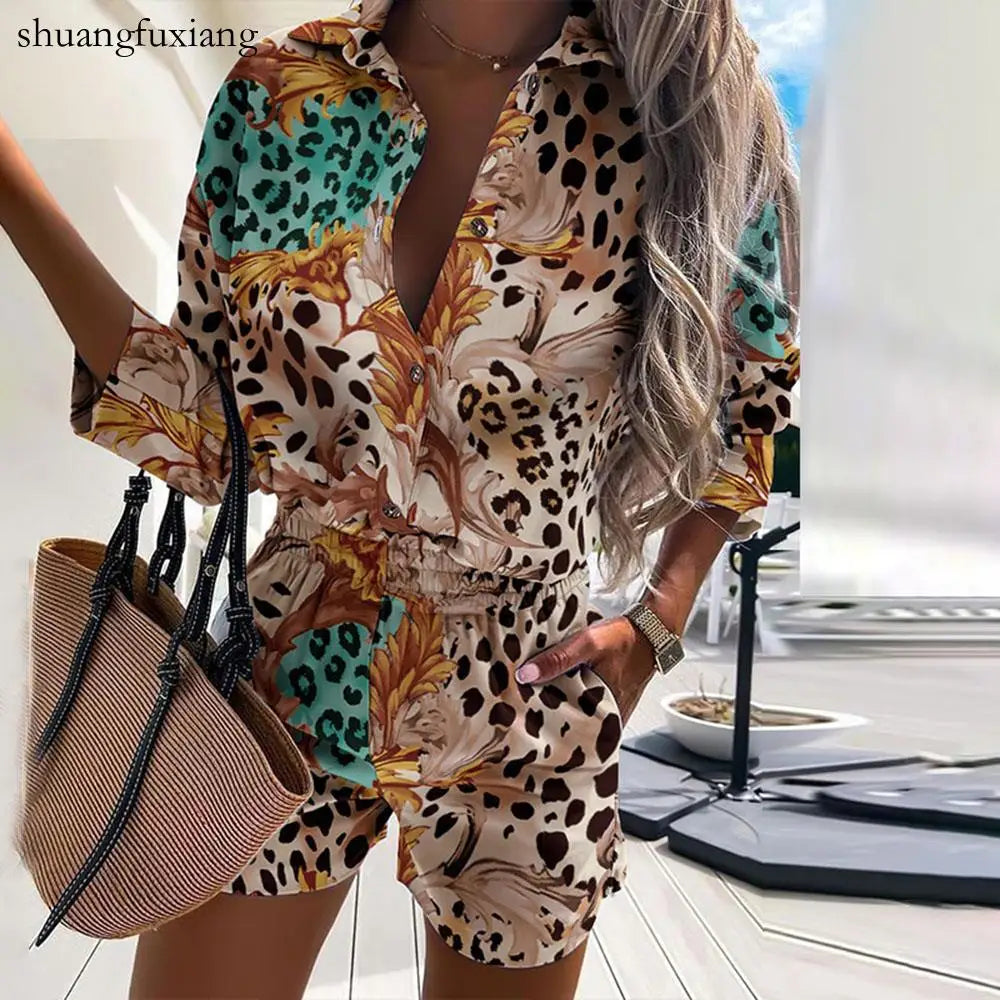 Casual Two Piece Sets Womens Outfits 2023 Spring Leopard Print Button Shirt Top And Shorts 2 Piece Set Summer Beach Shorts Women - Seprincess