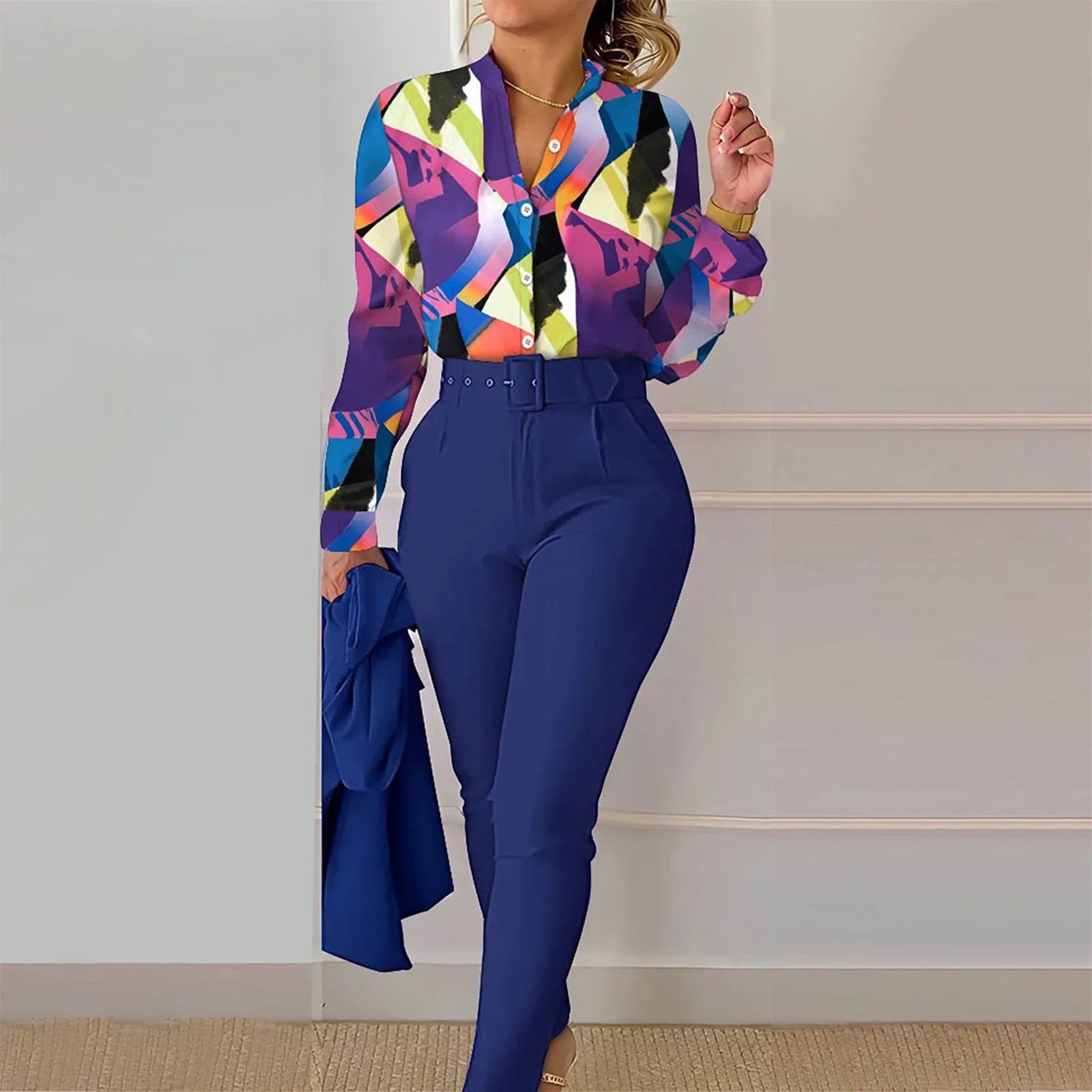 Elegant Short Sleeve Shirt Pants Set Office Lady Fashion V Neck Floral Print Ruffles Trousers Two Piece Set Women Outfit 2023 - Seprincess