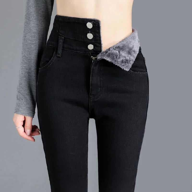 Winter Women Thick Velvet High Waist Skinny Jeans Simple Warm Fleece Slim Fit Stretch Trousers Casual Ladies Denim Pencil Pants