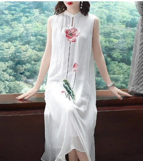 1pcs/lot chinese style woman Embroidered Cheongsam Sleeveless Vest Chiffon Dress Woman Dress print dress - Seprincess