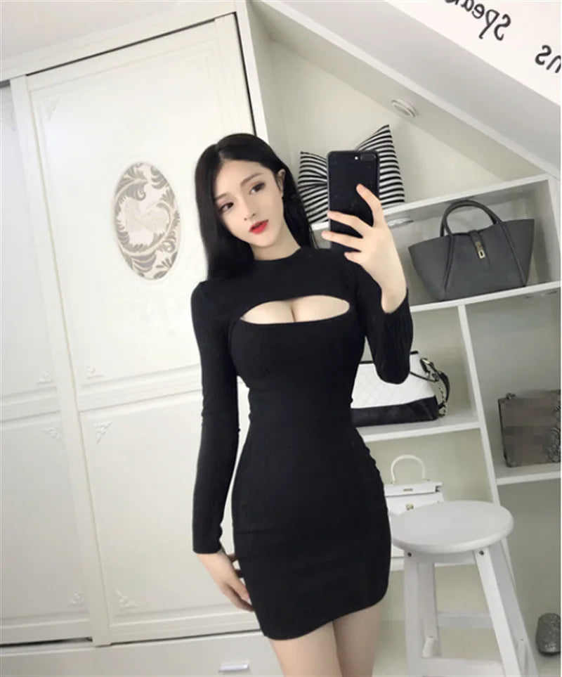 Sexy Spicy Girl Hollow Long Sleeved Dress For Women's Spring New Slim Fit Show Chest Show Weight Versatile Wrapped Hip Short FXI - Seprincess