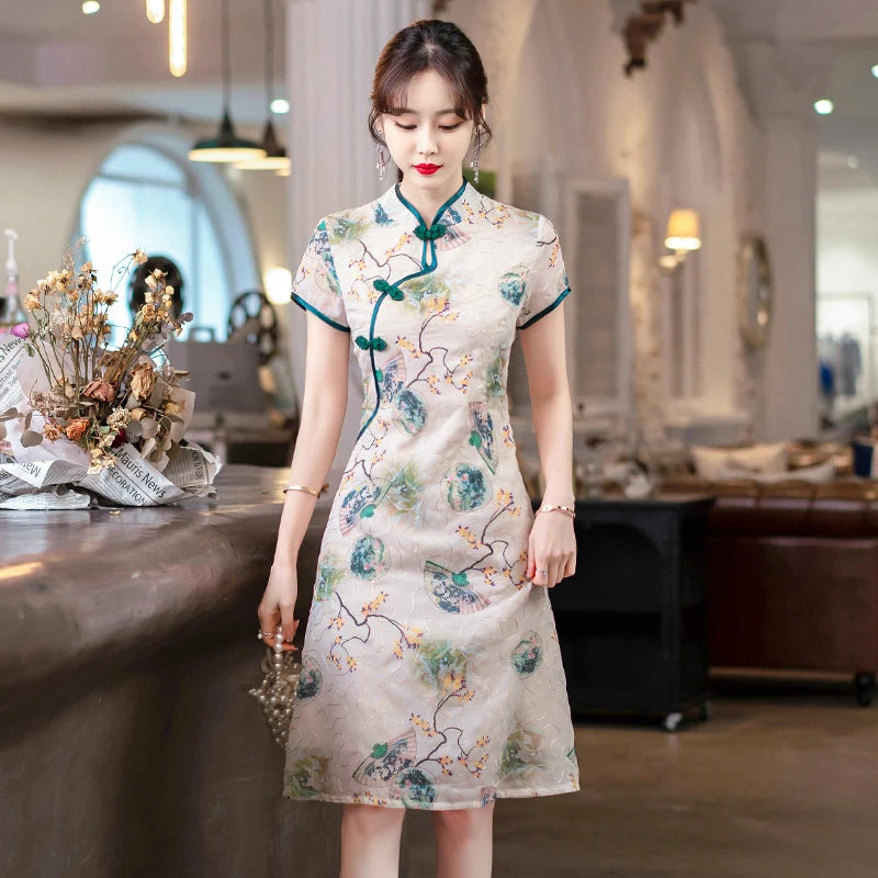 Fashion Modern Chinese Cheongsam A-line Dress Women Short Sleeve Qipao Traditional Chinese Clothes - Seprincess