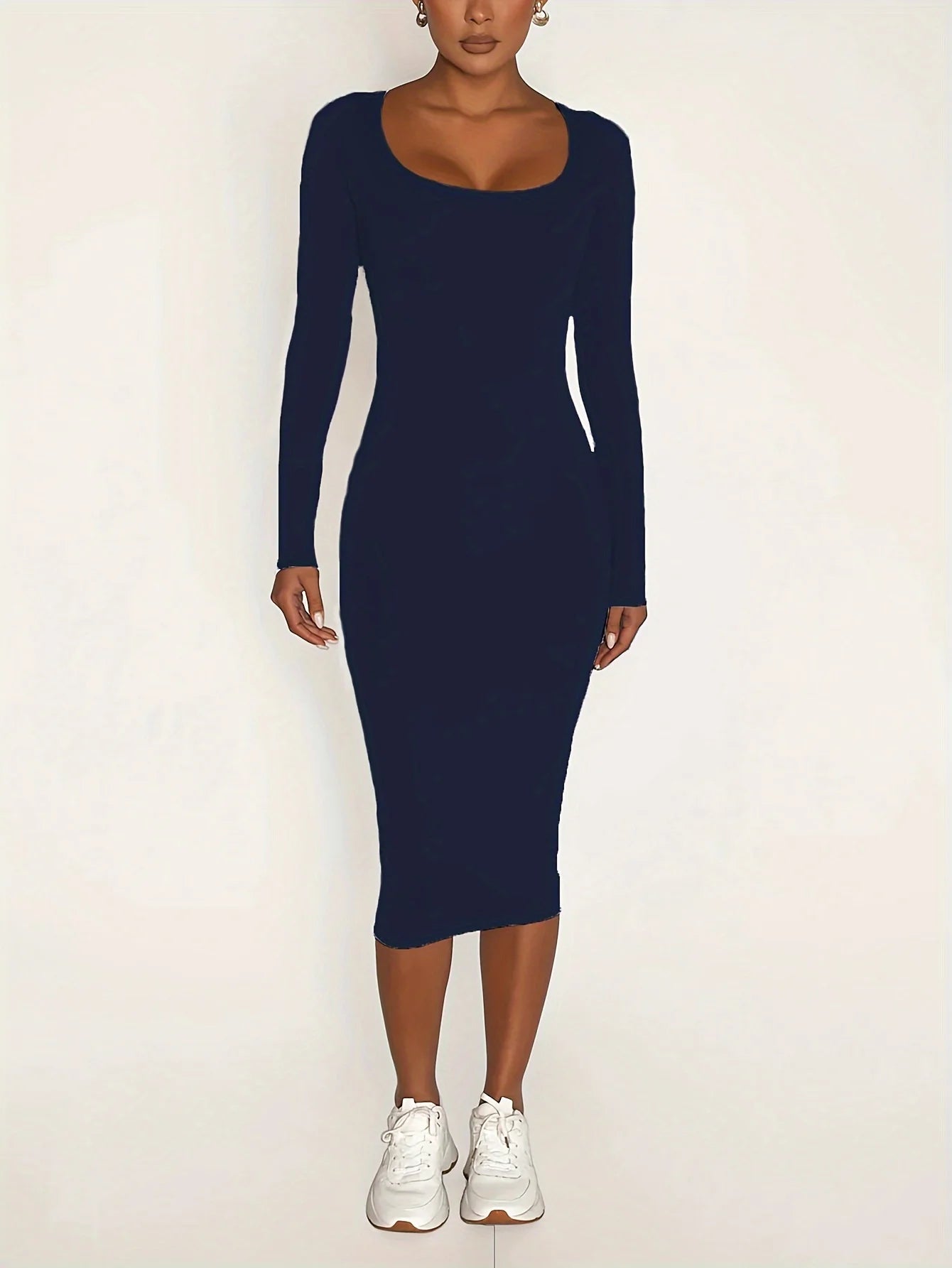 Womens Long Sleeve U-Neck Party Bodycon Midi Jumper Dress Stretch Winter Dresses - Seprincess