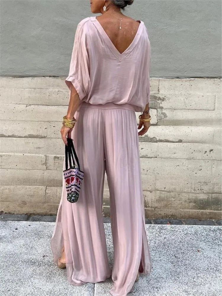 Women's Sexy V-neck Short Sleeved Top And Wide Leg Pants Sets Summer Chiffon Casual Outfits Casual Loose Street Two Piece Sets - Seprincess