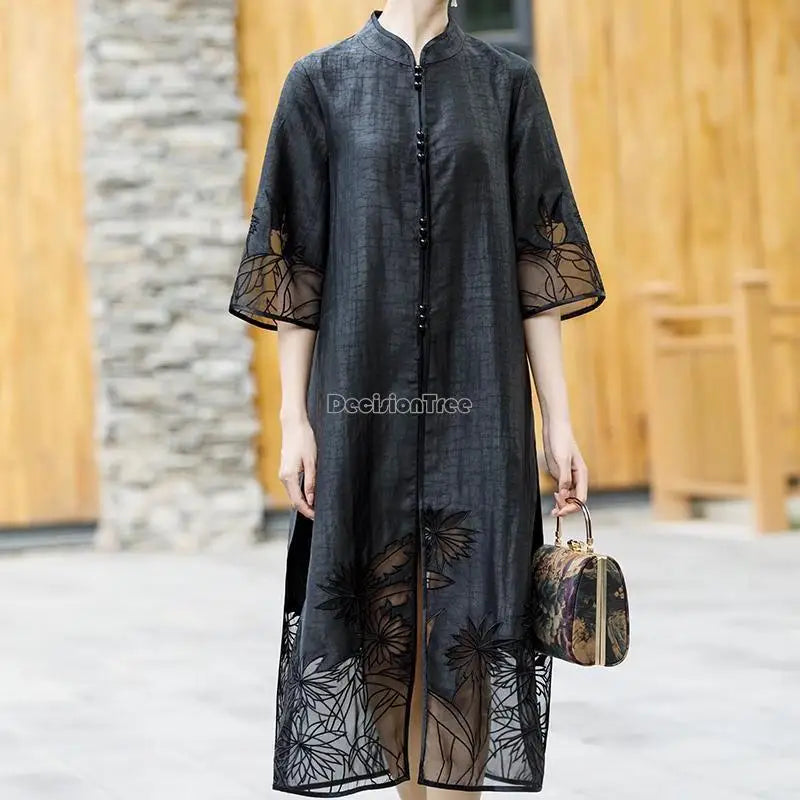 2024 chinese traditional vintage qipao women's black qipao lady standing collar ethnic style embroidery graceful cheongsam dress - Seprincess