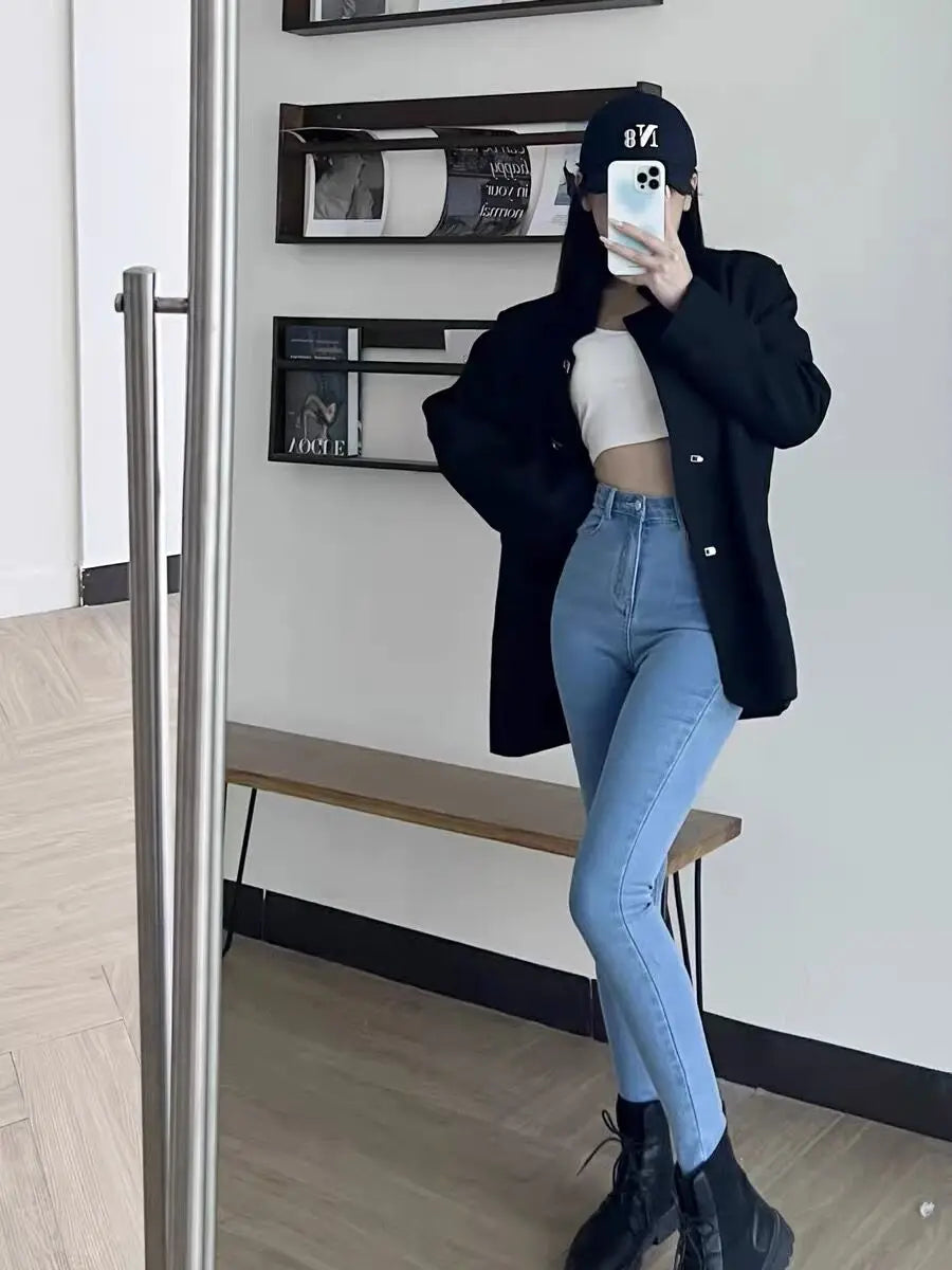 High Waist Skinny Pencil Jeans Woman Large Size Streetwear Slim Stretch Denim Pants Spring Korean Fashion Casual Kot Pantolon