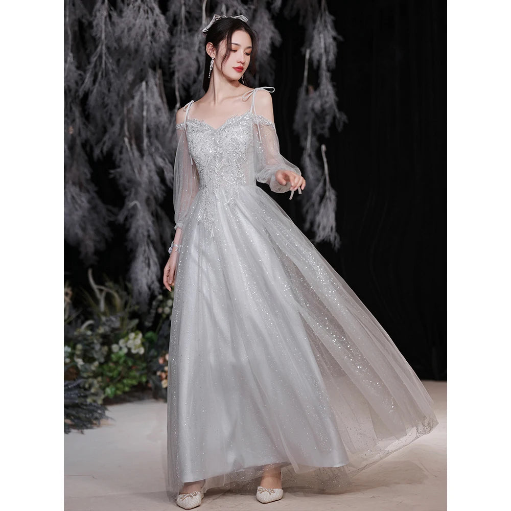 Temperament grey bridesmaid dress 4 Styles Applique Sisters Group Graduation Evening Dresses Simple Wedding Female Guest Dress - Seprincess