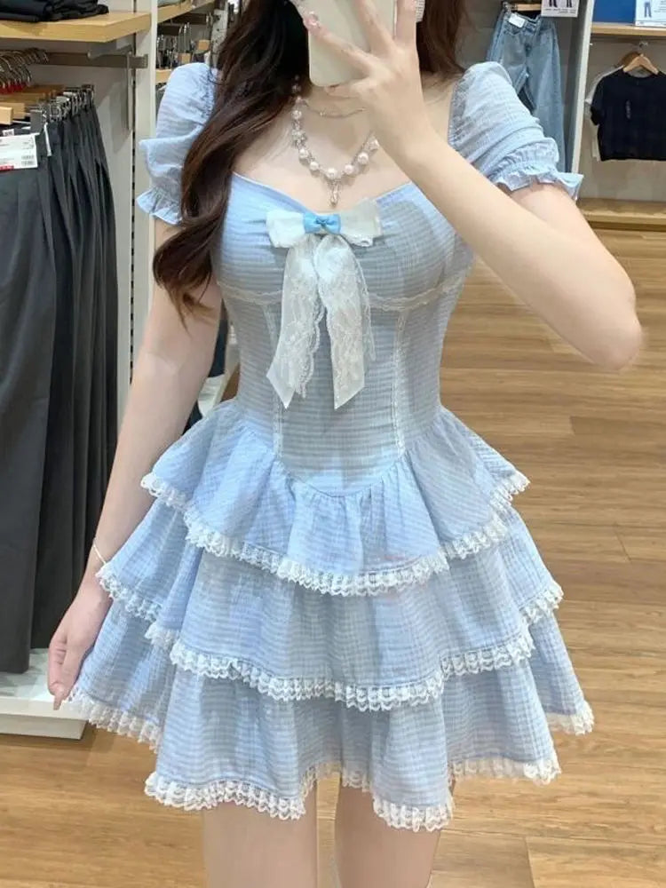 2024 Summer Sweet Kawaii Blue Plaid Dress Woman Lolita Lace Y2k Mini Dress Short Party Elegant One Piece Dress Korean Fashion - Seprincess