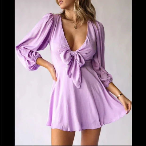 2022 New Women's Mini Satin Puff Sleeve Plunge Tie Front Dress Solid Bow Spring Summer Party Casual Chic Sexy V Neck Dress femme - Seprincess