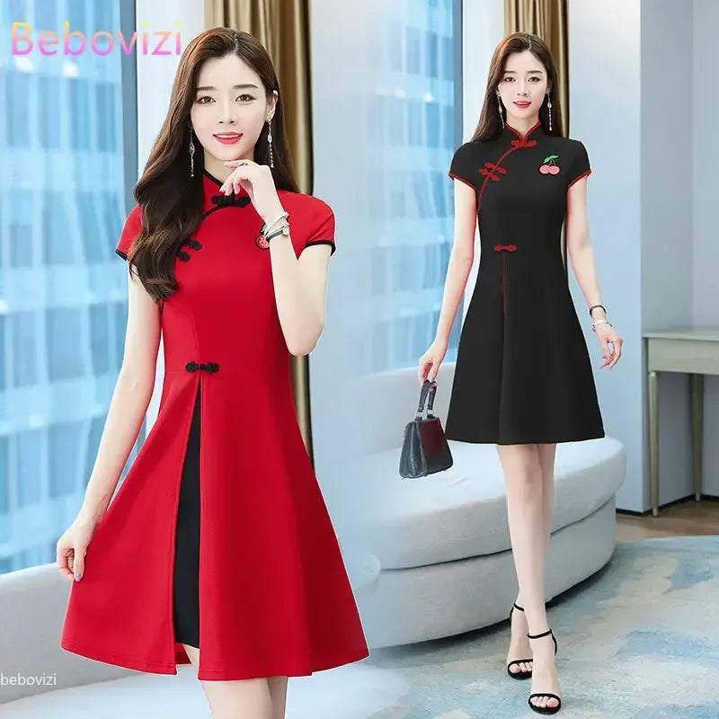 Chinese Style Summer Improved Cheongsam Slim Midi Short Sleeve Modern Qipao Dress Women Clothing CNY - Seprincess