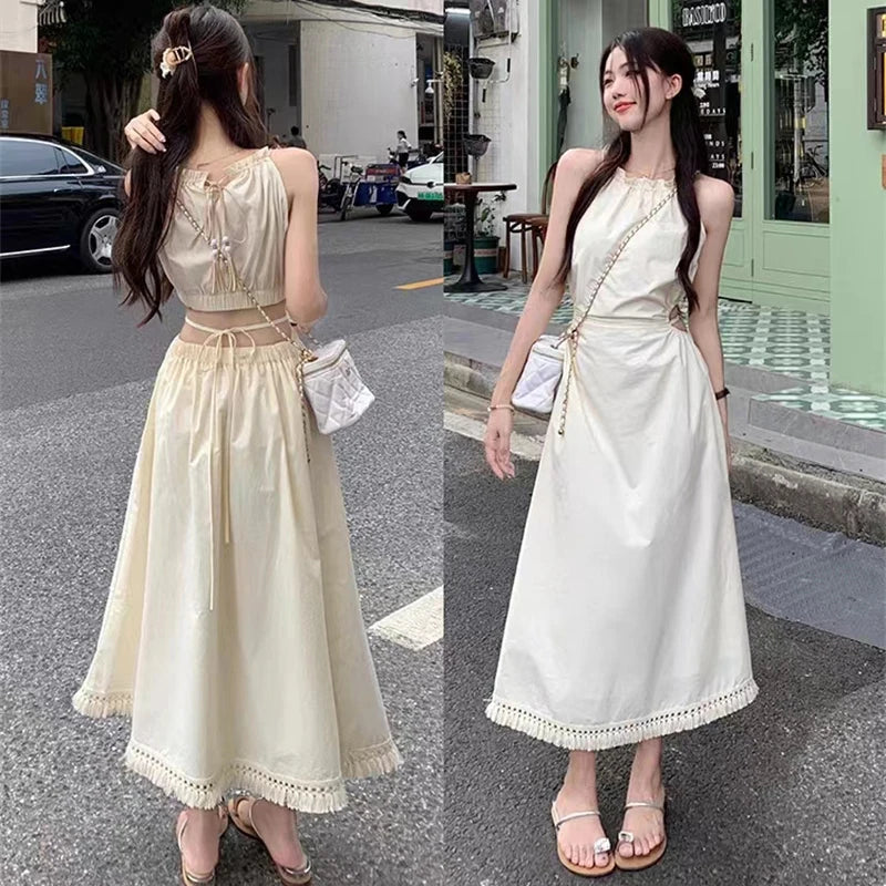 Fashion and Casual Summer Halter Hollow Sleeveless Tassel Solid Color Simple and Generous Hem Holiday Beach Women's Long Dress - Seprincess