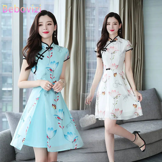 2023 Summer New Modern Improved Cheongsam Chiffon Printing Vintage Traditional Chinese Style Slim Qipao Dress - Seprincess