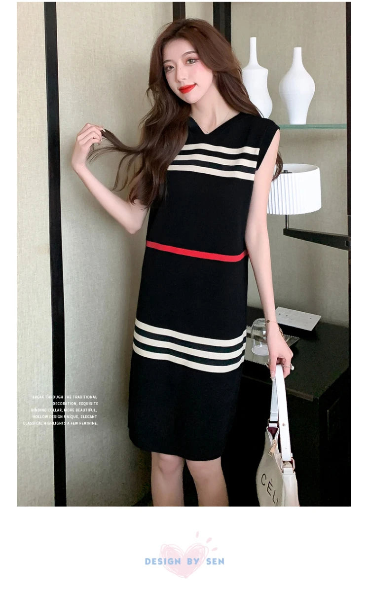 YUQI Basic Striped Knitted Dress Summer Casual Loose Hooded Sleeveless Knee-Length Dresses for Women 2024 Elegant Sweet Vestidos - Seprincess