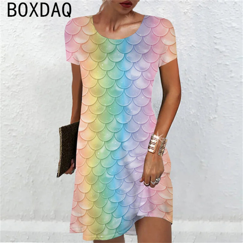 Women Short Sleeve O-Neck A-Line Mini Dress Sexy Snake Colorful Scale Pattern Printed Dress Large Size Lady Casual Sundress - Seprincess