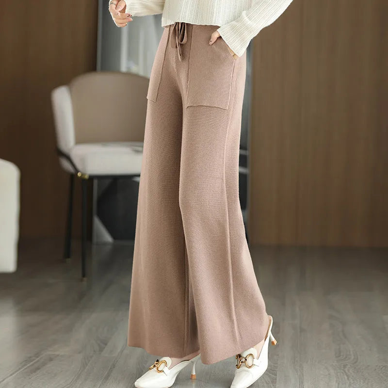 Women's Merino Wool Knitted Pants Office Lady Simple High Waist Straights Trousers Cashmere Wool Autumn Winter Thick Knitwear