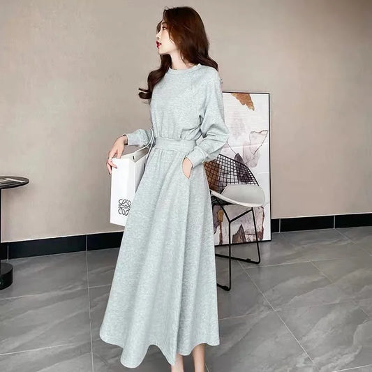 Women Long Sleeve Autumn Dress Casual Round Neck Elasticated Waist Korean Fashion Daily Wear Sweatshirts Dress Ladiea - Seprincess