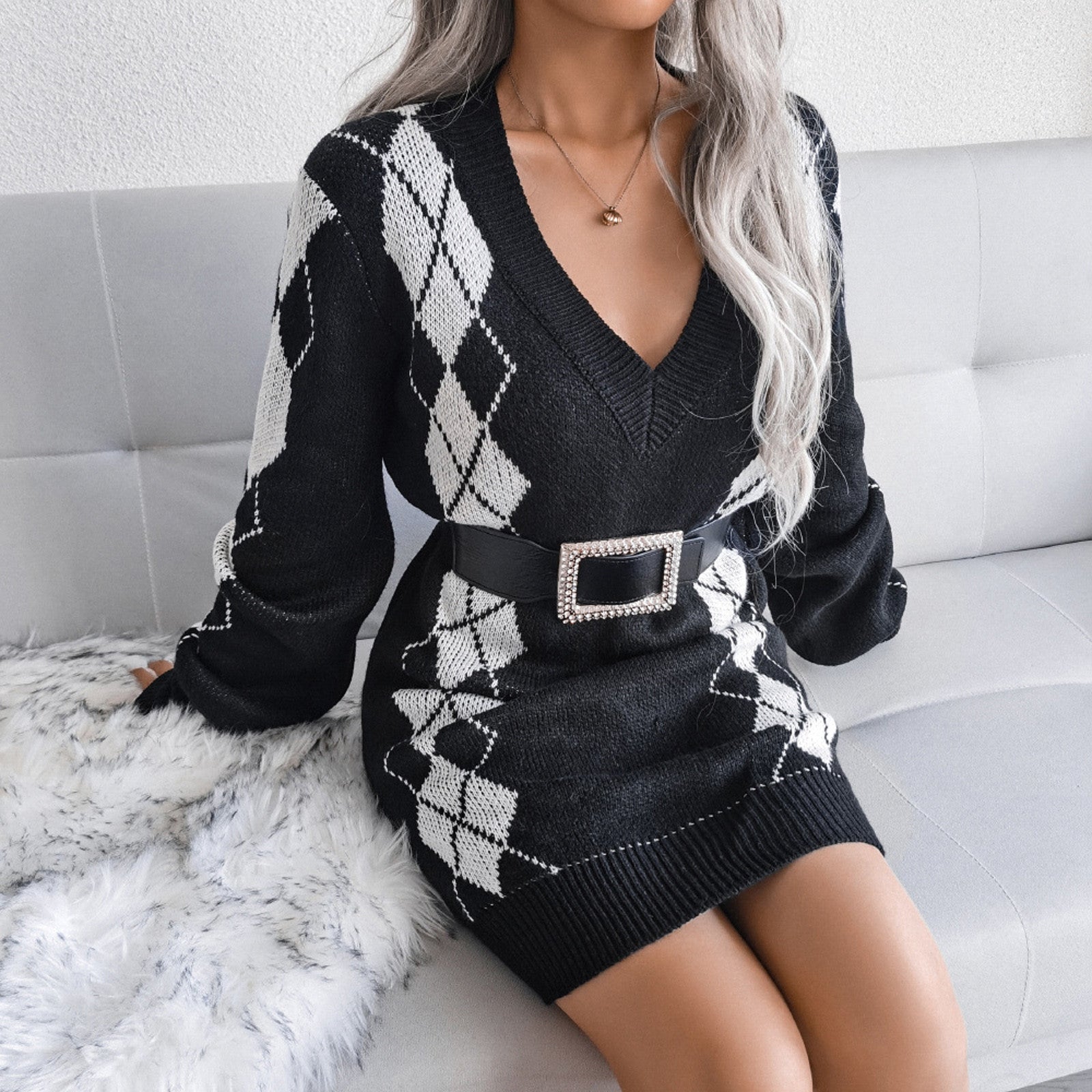 Women'S Autumn And Winter V-Neck Sweater Wrapped Dress Long Sleeve Dress Cembroidery Printing Dress Loose Cardigan For Women 원피스 - Seprincess