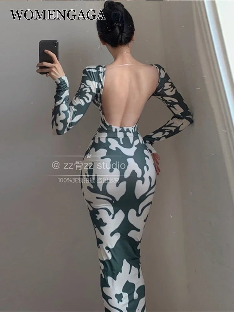 Winter New WOMENGAGA Sexy Backless Fashion Printing Elegant Skinny Slim Hip Maxi Dress Long Robe Hot Sexy Korean Women Top UC86 - Seprincess