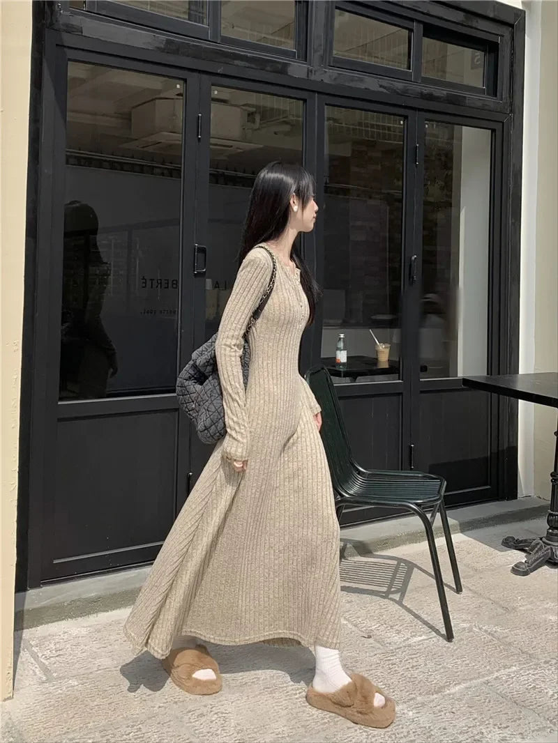 Vintage Versatile Knitted Long Sleeve Dress Women's Slimming A- line Skirt Autumn/winter Waist-fitted Long Dress - Seprincess